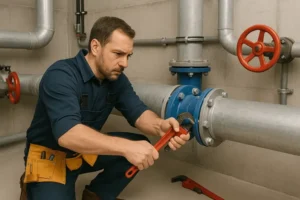 local plumber repairing industrial pipe line plumbing in chicagoland business