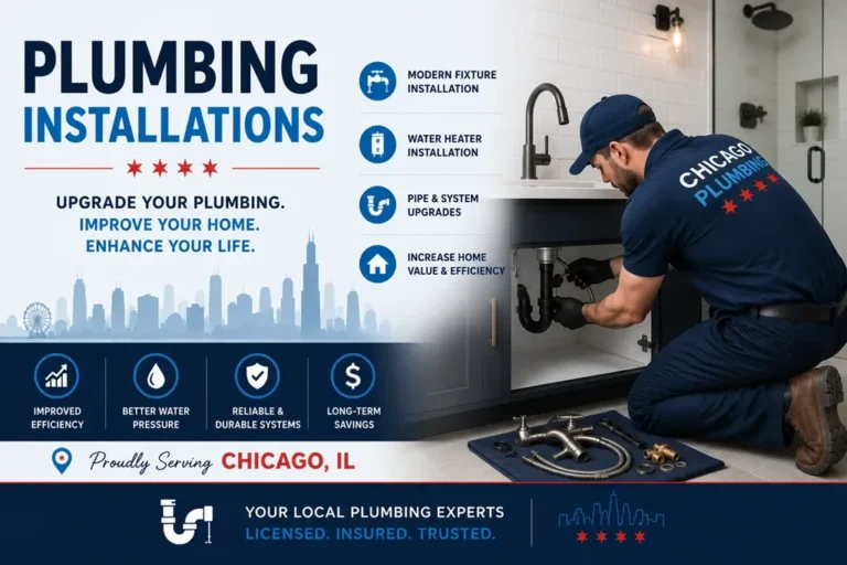 a Chicagoland plumber on a plumbing installation service in Chicago IL installing a new kitchen sink highlighting professional plumbing service benefits