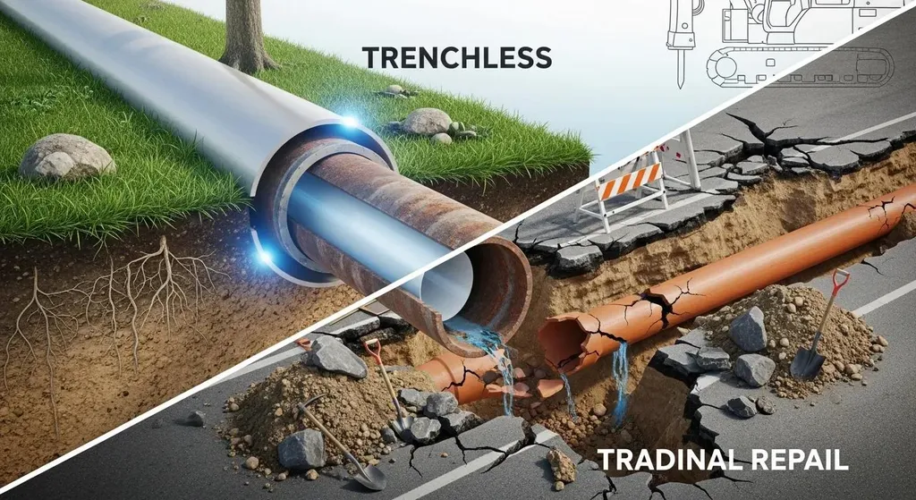 Illustration comparing trenchless and traditional sewer repair methods