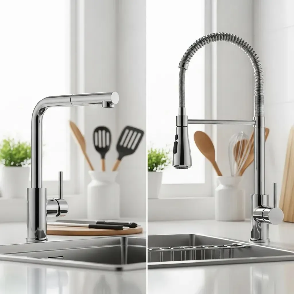 Side-by-side of a single-handle faucet and a pull-down faucet in a modern kitchen