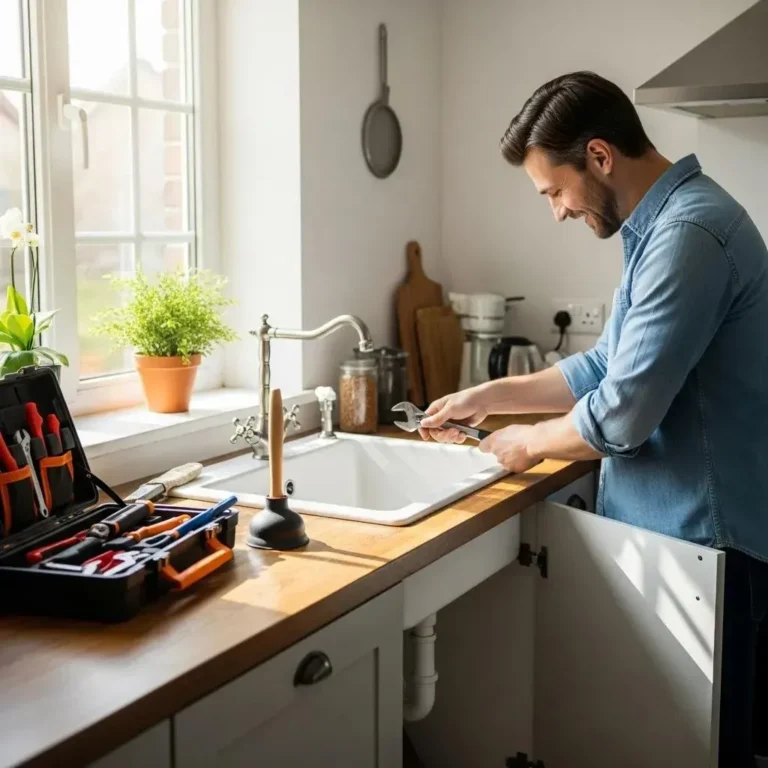 Homeowner engaged in DIY plumbing task with tools in a cozy kitchen