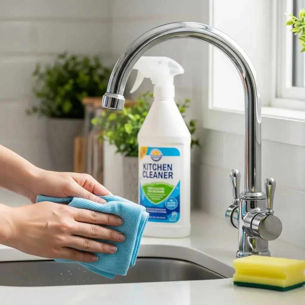 Hand wiping a polished kitchen faucet with a soft cloth and cleaner