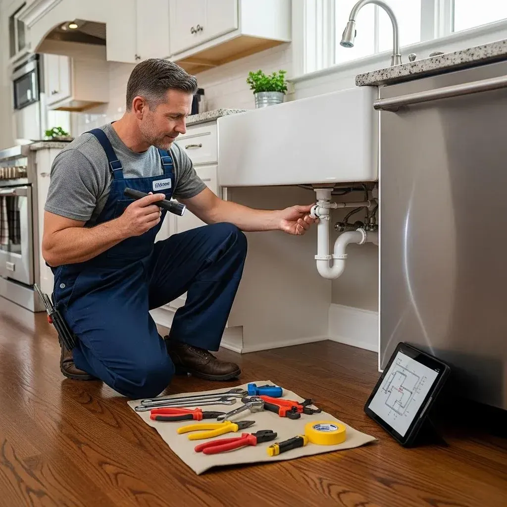 Plumber performing routine maintenance on a home's plumbing system
