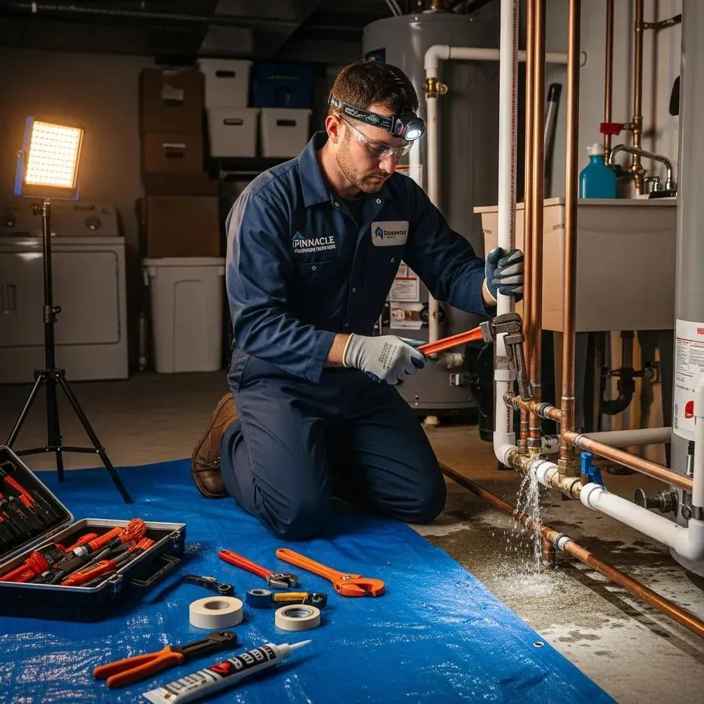 Licensed plumber repairing a large pipe leak in a home
