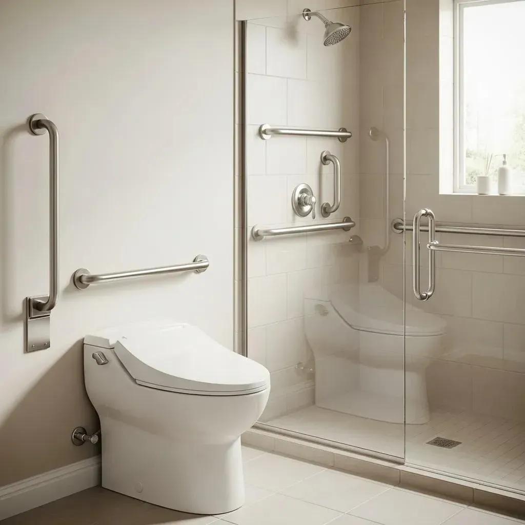 Various grab bars installed in a bathroom to improve accessibility and safety for seniors
