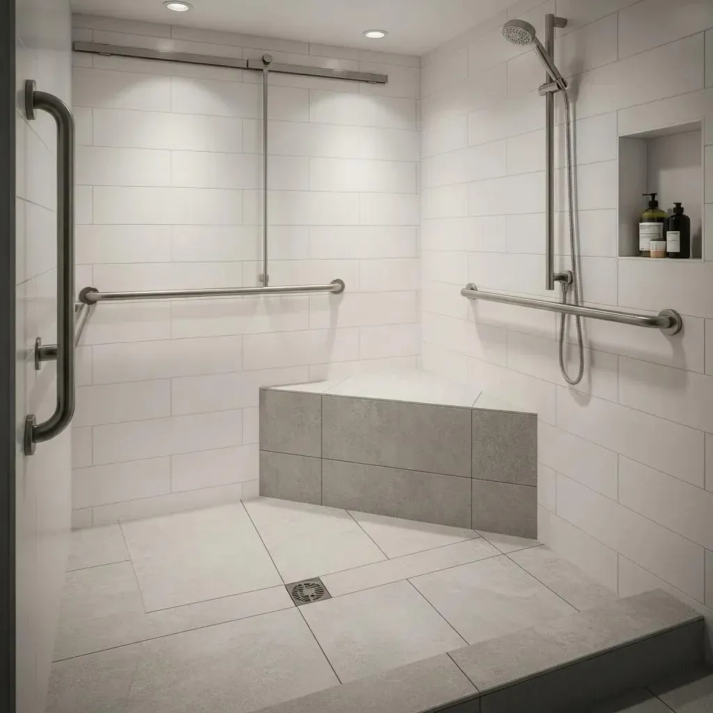 Walk-in shower with non-slip flooring and grab bars for senior safety